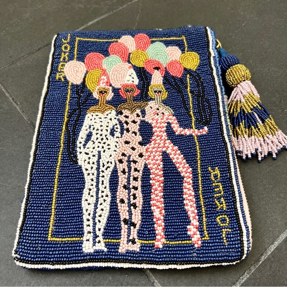 Anthropologie, beaded clutch purse, playing card joker design. - Picture 3 of 11